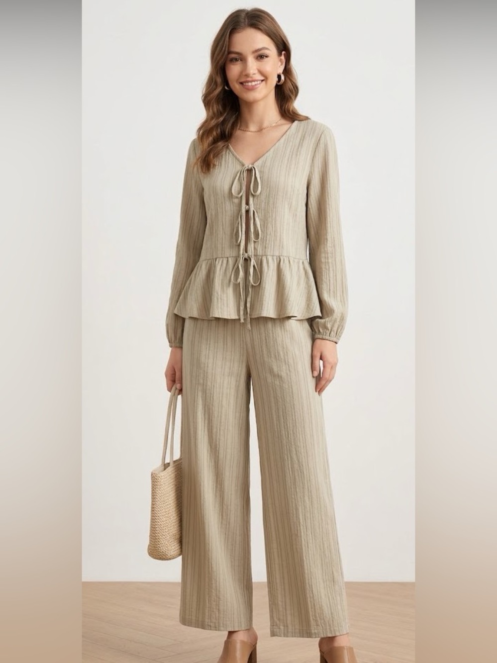 Buy 5 for 10$❗️Women's Beige Two-Piece Wide-Leg Pant Suit Set